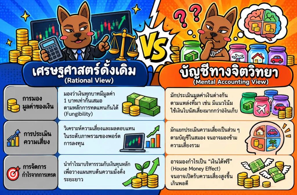 ตารางเปรียบเทียบแนวคิดเศรษฐศาสตร์แบบดั้งเดิมกับ Mental Accounting ตารางเปรียบเทียบแนวคิดเศรษฐศาสตร์แบบดั้งเดิมกับ Mental Accounting