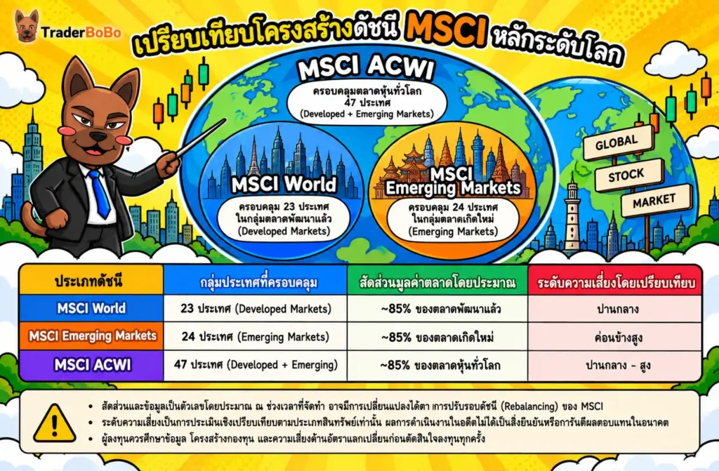 ตารางเปรียบเทียบประเภทดัชนี MSCI World MSCI EM และ MSCI ACWI