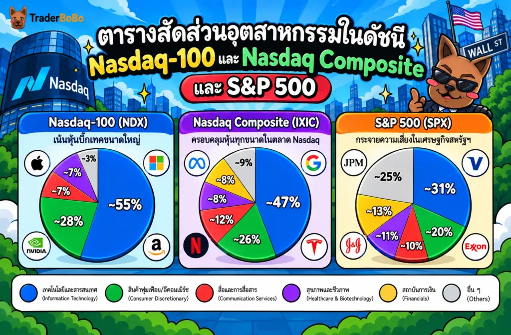 ตารางสัดส่วนอุตสาหกรรมในดัชนี Nasdaq-100 และ Nasdaq Composite ตารางสัดส่วนอุตสาหกรรมในดัชนี Nasdaq-100 และ Nasdaq Composite
