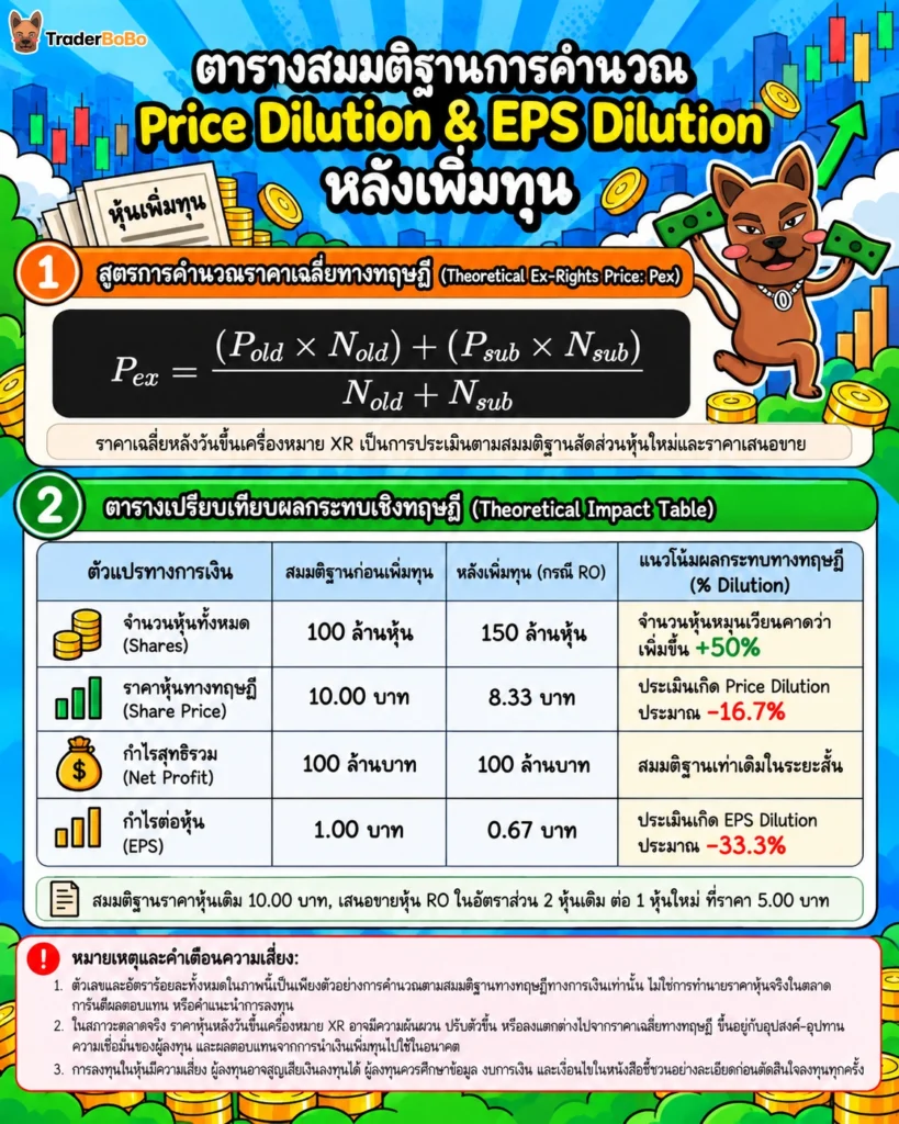 การคำนวณ Price Dilution และ EPS Dilution หลังหุ้นเพิ่มทุน