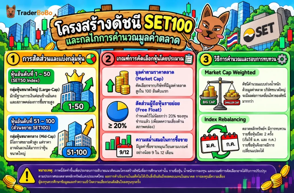 โครงสร้างดัชนี SET100 และการคำนวณมูลค่าตามราคาตลาด โครงสร้างดัชนี SET100 และการคำนวณมูลค่าตามราคาตลาด