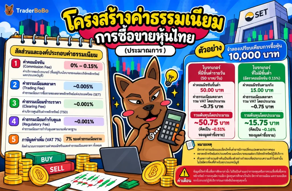 โครงสร้างค่าธรรมเนียมการซื้อขายหุ้นไทย รวมค่าคอมมิชชัน ค่าธรรมเนียมตลาดฯ และ VAT โครงสร้างค่าธรรมเนียมการซื้อขายหุ้นไทย รวมค่าคอมมิชชัน ค่าธรรมเนียมตลาดฯ และ VAT