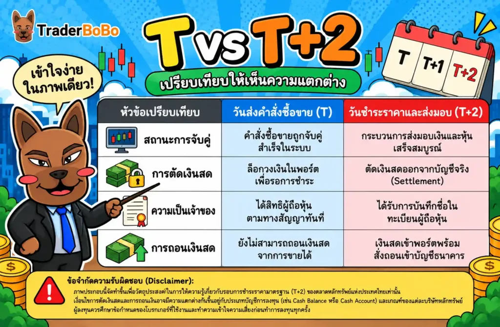 ตารางเปรียบเทียบสภาวะของเงินและหุ้นระหว่างวัน T และวัน T+2 ตารางเปรียบเทียบสภาวะของเงินและหุ้นระหว่างวัน T และวัน T+2