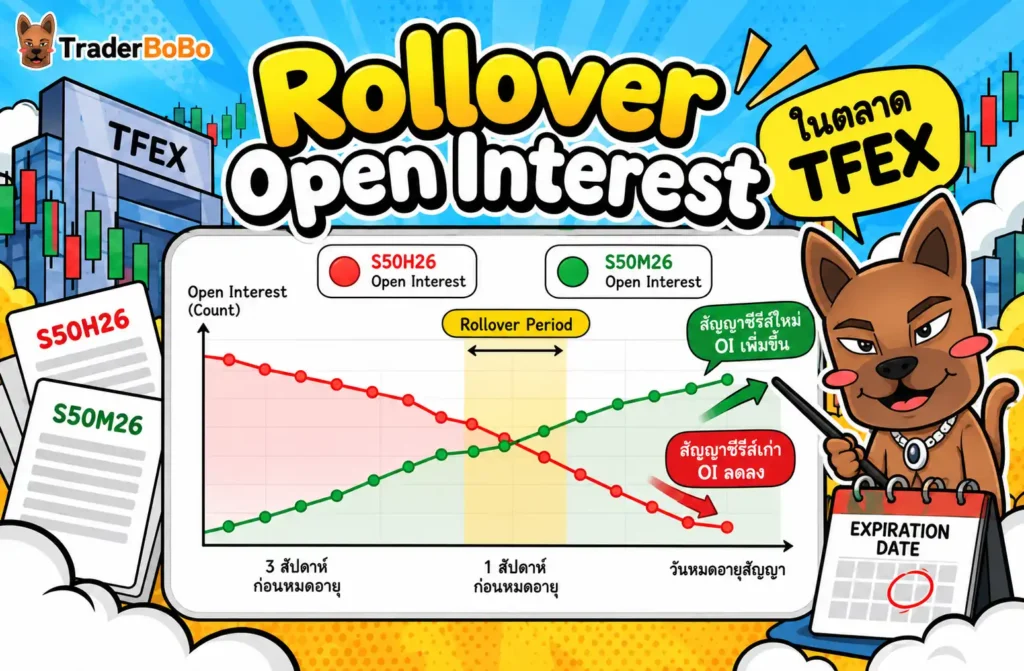 กราฟแสดงการย้ายสถานะคงค้าง Rollover Open Interest ระหว่างสัญญาซีรีส์เก่าและซีรีส์ใหม่ในตลาด TFEX