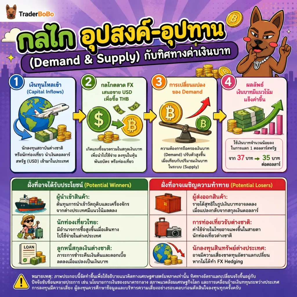 กลไกอุปสงค์อุปทานที่มีผลต่อการแข็งค่าของเงินบาท กลไกอุปสงค์อุปทานที่มีผลต่อการแข็งค่าของเงินบาท