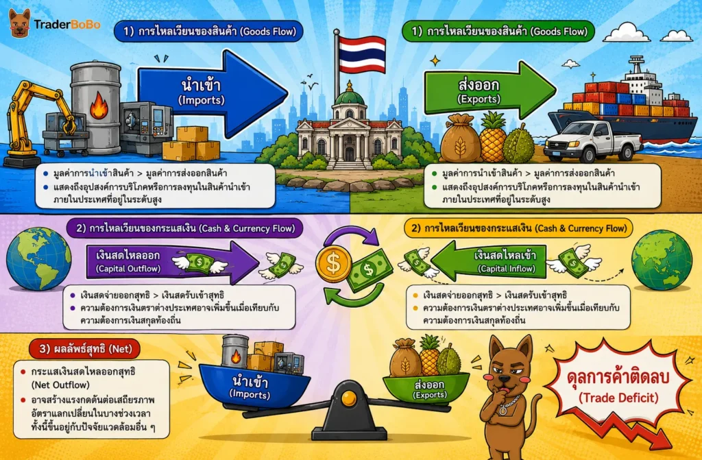 แผนภาพแสดงกลไกการนำเข้าและส่งออกในสภาวะขาดดุลการค้า