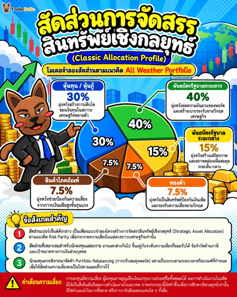 แผนภูมิแท่งแสดงสัดส่วนเปอร์เซ็นต์สินทรัพย์ทั้ง 5 กลุ่มใน All Weather Portfolio