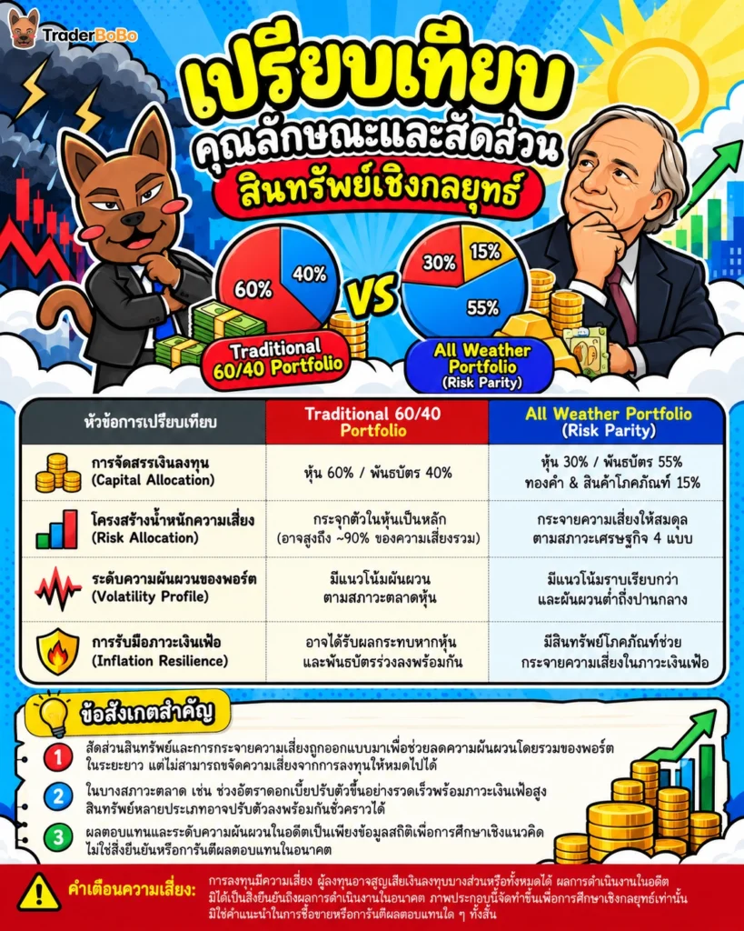 ตารางเปรียบเทียบ Traditional 60/40 Portfolio กับ All Weather Portfolio ในด้านความเสี่ยงและผลตอบแทน
