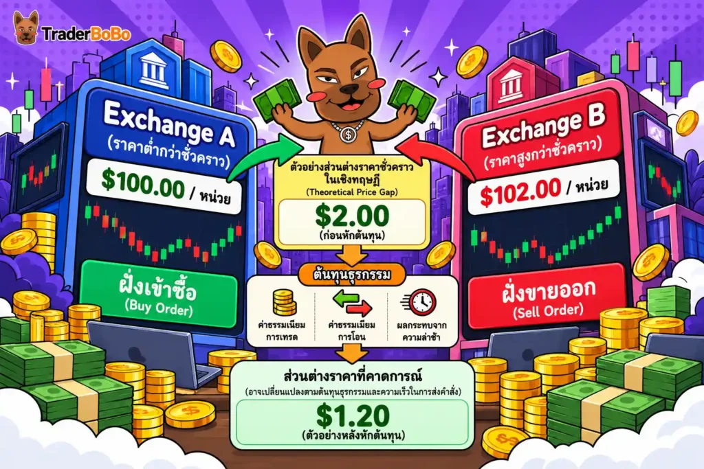 แผนภาพแสดงกระบวนการทำงานของ Arbitrage จากตลาด A ไปยังตลาด B แผนภาพแสดงกระบวนการทำงานของ Arbitrage จากตลาด A ไปยังตลาด B