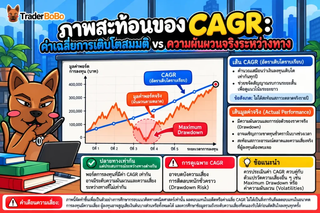 ภาพแสดงข้อจำกัดของ CAGR และความผันผวนของราคาจริงระหว่างทาง