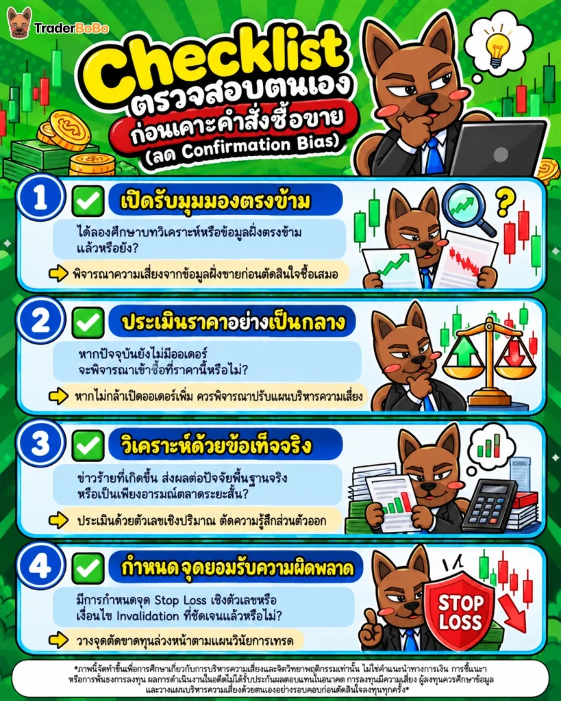 ตาราง Checklist ประเมินตนเองเพื่อลด Confirmation Bias ก่อนเคาะคำสั่งเทรด
