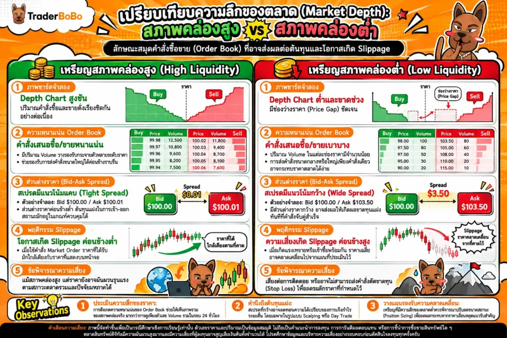 เปรียบเทียบ Order Book สภาพคล่องสูงและสภาพคล่องต่ำในตลาดคริปโต