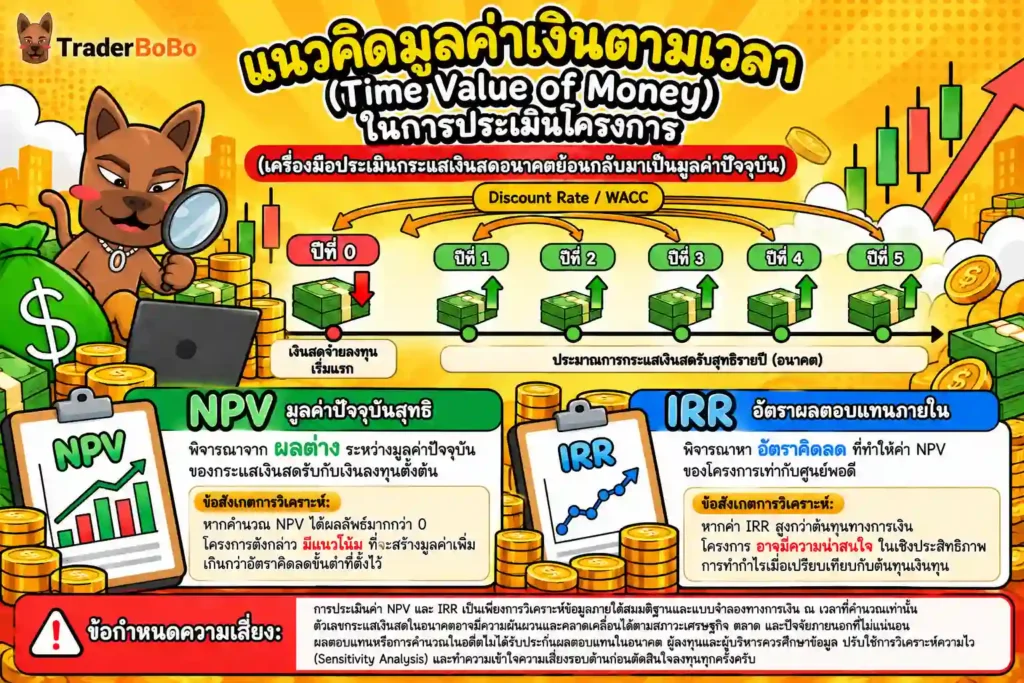แผนภาพแสดงกระแสเงินสดและการคิดลดมูลค่าเงินตามเวลา NPV และ IRR