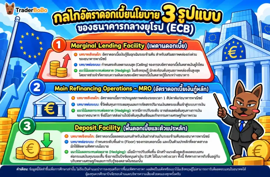 แผนผังเครื่องมือนโยบายการเงินและอัตราดอกเบี้ย 3 รูปแบบของ ECB แผนผังเครื่องมือนโยบายการเงินและอัตราดอกเบี้ย 3 รูปแบบของ ECB