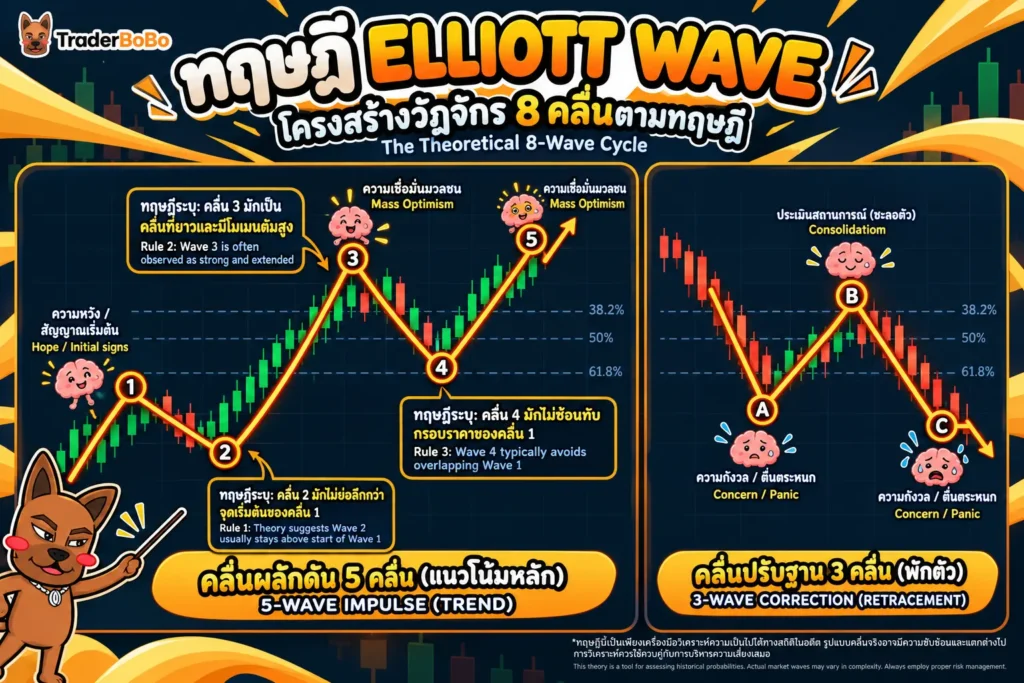 วัฏจักรสมบูรณ์ 8 คลื่นของ Elliott Wave ประกอบด้วยคลื่นส่ง 1 ถึง 5 และคลื่นปรับ A B C