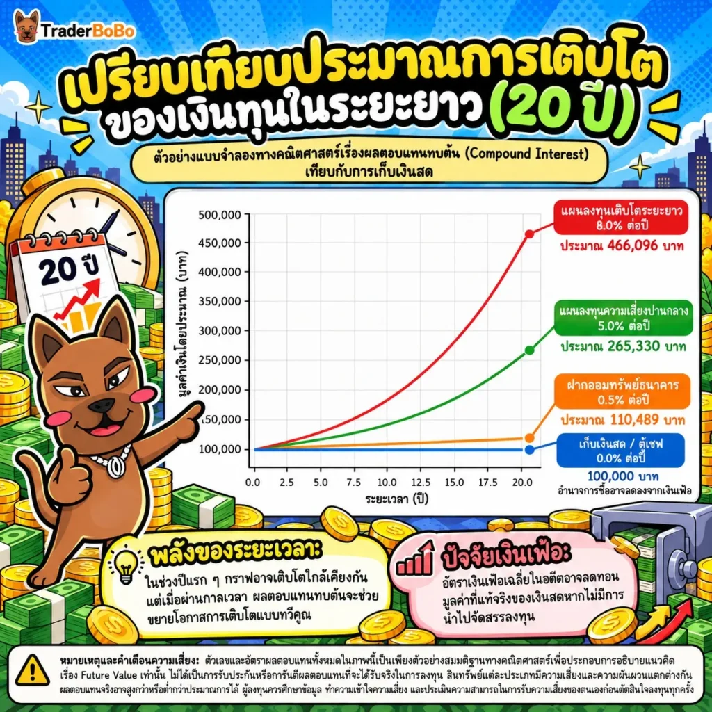 เปรียบเทียบ Future Value ระหว่างการออมเงินเฉย ๆ กับการนำไปลงทุนทบต้น เปรียบเทียบ Future Value ระหว่างการออมเงินเฉย ๆ กับการนำไปลงทุนทบต้น