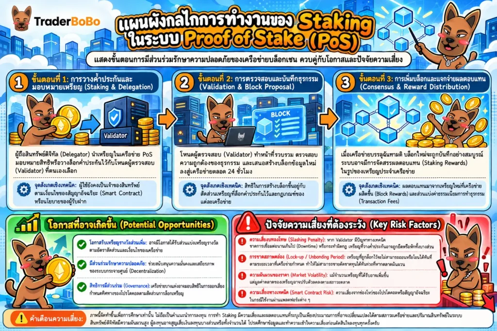 กลไกการทำงานของ Staking และการตรวจสอบธุรกรรมแบบ Proof of Stake กลไกการทำงานของ Staking และการตรวจสอบธุรกรรมแบบ Proof of Stake