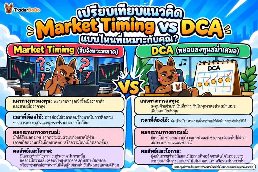 ตารางเปรียบเทียบระหว่าง Market Timing และ DCA แบบเข้าใจง่าย