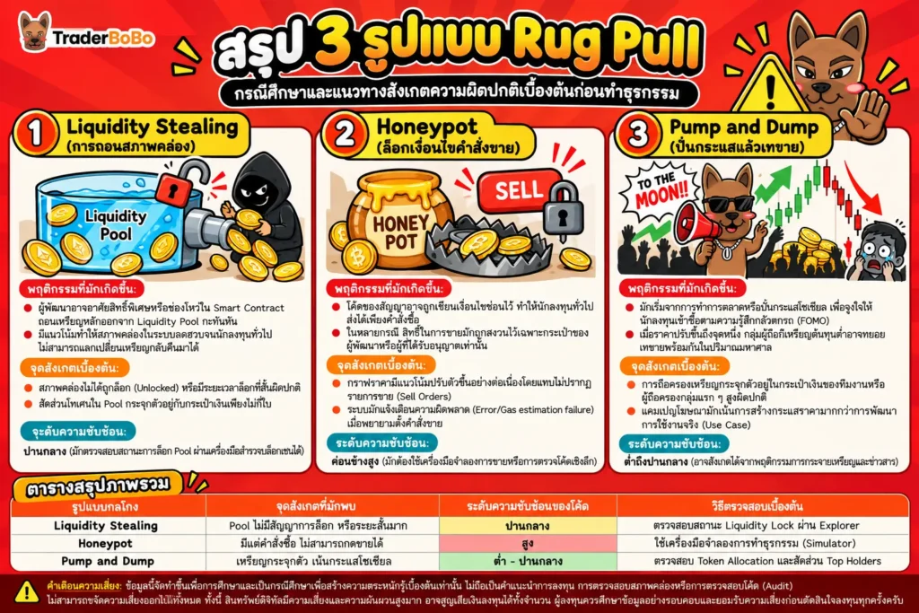 เปรียบเทียบประเภทของการดึงพรม Liquidity Stealing, Honeypot และ Pump and Dump เปรียบเทียบประเภทของการดึงพรม Liquidity Stealing, Honeypot และ Pump and Dump