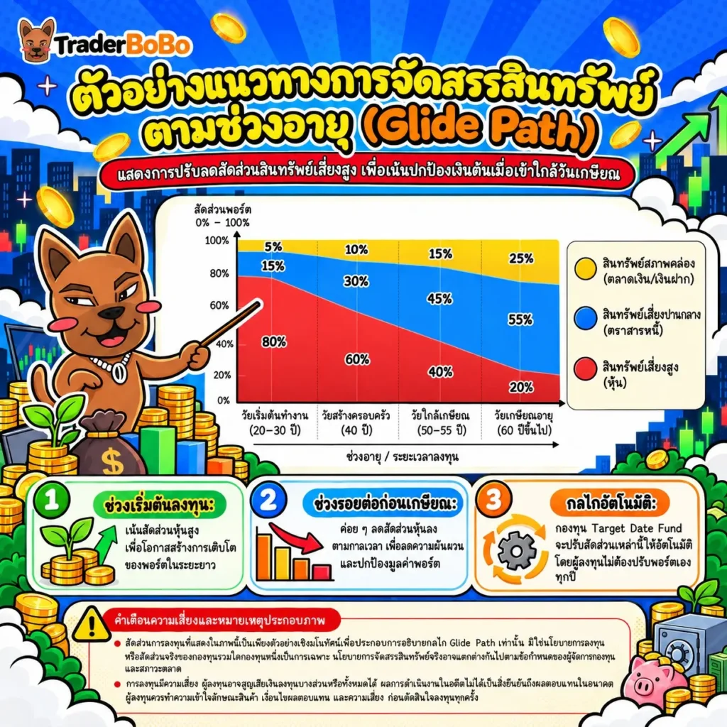 เปรียบเทียบสัดส่วนสินทรัพย์ของ Target Date Fund ตามกรอบเวลา Glide path เปรียบเทียบสัดส่วนสินทรัพย์ของ Target Date Fund ตามกรอบเวลา Glide path