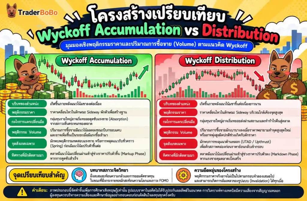 แผนภาพเปรียบเทียบความแตกต่างระหว่าง Wyckoff Accumulation และ Wyckoff Distribution แผนภาพเปรียบเทียบความแตกต่างระหว่าง Wyckoff Accumulation และ Wyckoff Distribution